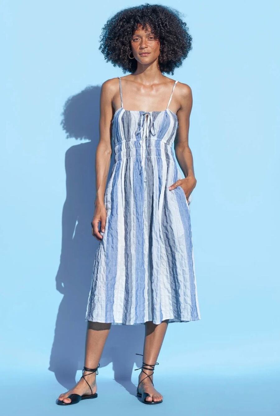 Ciao Lucia Gabriela Crinkle Cotton Midi Sundress Blue Dress Small Prairie